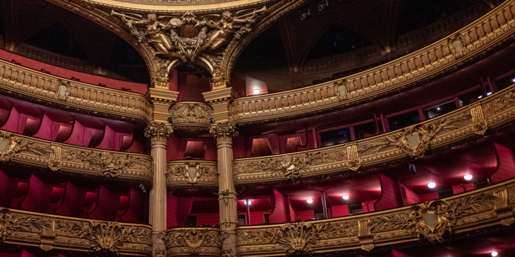 The richly decorated balconies and boxes of the famous auditorium at the Palais Garnier (Paris Opera).