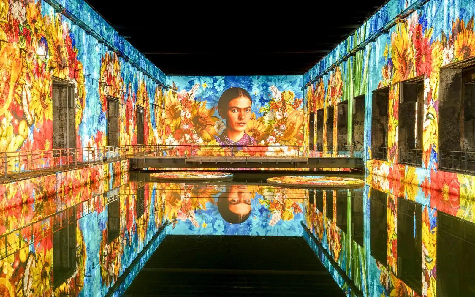 A self-portrait by the Mexican artist Frida Kahlo, projected on a monumental scale during an immersive exhibition at the Bassins des Lumi&egrave;res in Bordeaux.
