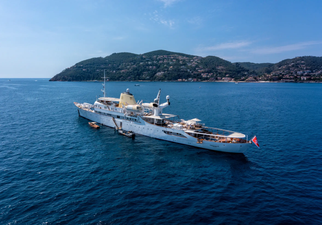 The mega-yacht Christina O., a historic and iconic vessel measuring 99.13 meters in length