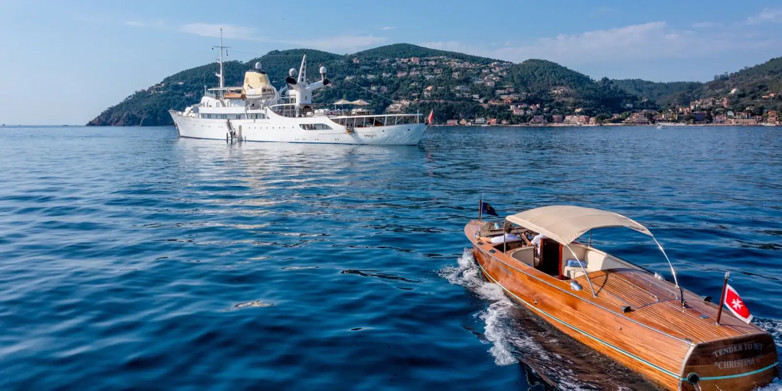 The mega-yacht Christina O., a historic and iconic vessel measuring 99.13 meters in length